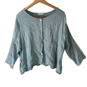 Nina Kendosa Paris Linen Blend Blouse Button Up Light Green 3/4 sleeve *READ*
